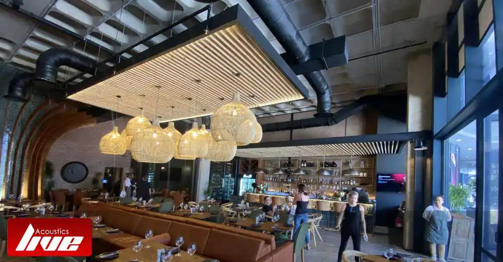 Timber Slatted Acoustic Baffles, Olive & Oil, Umhlanga